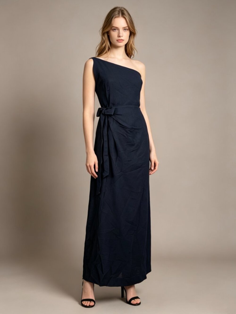 NWOT Farm Rio Linen Blend Black One Shoulder Bow Smocked Wrap Maxi Dress Sz M